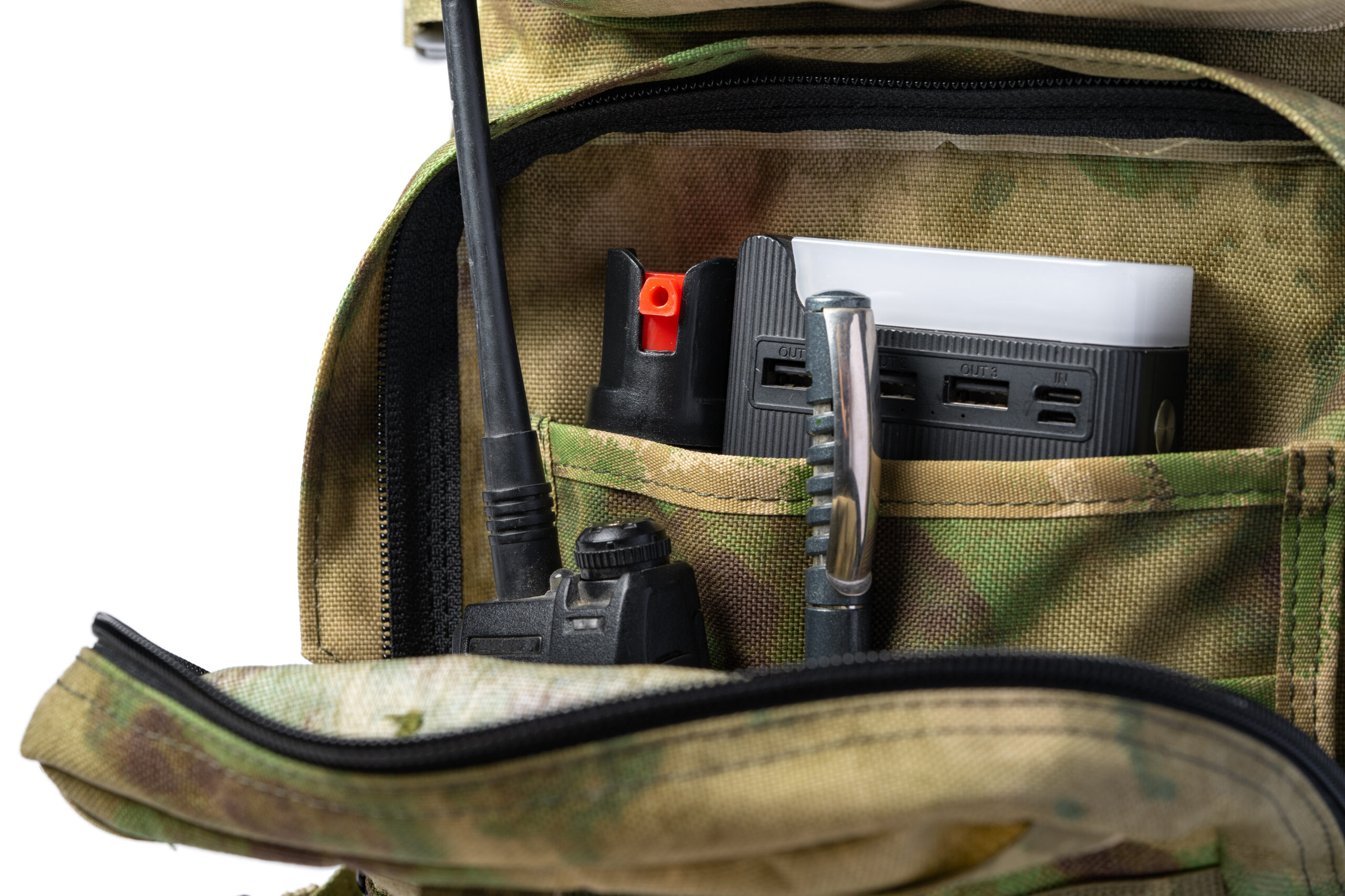 Services open military backpack of khaki color on a white background
